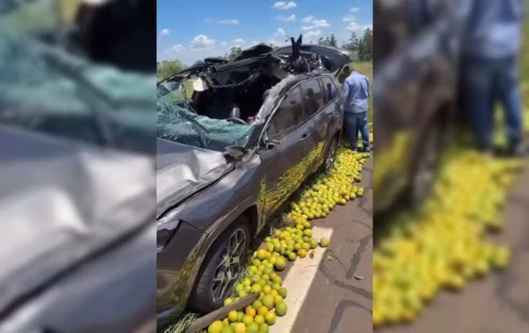 Acidente grave na SP-225 envolve carro e caminhão carregado de laranjas